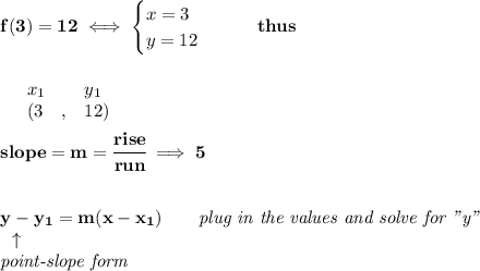 \bf f(3)=12\iff &#10;\begin{cases}&#10;x=3\\&#10;y=12&#10;\end{cases}\qquad thus&#10;\\\\\\&#10;\begin{array}{lllll}&#10;&x_1&y_1\\&#10;%   (a,b)&#10;&({{ 3}}\quad ,&{{ 12}})\quad &#10;%   (c,d)&#10;&#10;\end{array}&#10;\\\quad \\&#10;% slope  = m&#10;slope = {{ m}}= \cfrac{rise}{run} \implies 5&#10;\\ \quad \\\\&#10;% point-slope intercept&#10;y-{{ y_1}}={{ m}}(x-{{ x_1}})\qquad \textit{plug in the values and solve for "y"}\\&#10;\textit{                   } \uparrow\\&#10;\textit{point-slope form}