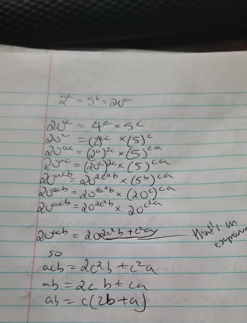 2^a = 5^b = 20^c, express c in terms of and b
