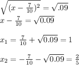 \sqrt{(x-\frac{7}{10})^2}=\sqrt{\0.09}\\x-\frac{7}{10}=\sqrt{0.09}\\\\x_1=\frac{7}{10}+\sqrt{0.09}=1\\\\x_2=-\frac{7}{10}-\sqrt{0.09}=\frac{2}{5}