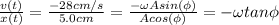 \frac{v(t)}{x(t)}=\frac{-28 cm/s}{5.0 cm}=\frac{-\omega A sin(\phi)}{A cos(\phi)}=-\omega tan \phi