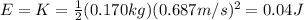E=K=\frac{1}{2}(0.170 kg)(0.687 m/s)^2=0.04 J