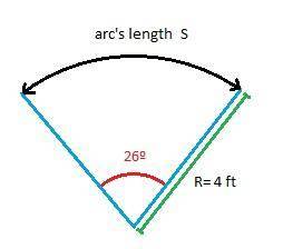For a circle of radius 4 feet, find the arc length s subtended by a central angle of 26 degrees.