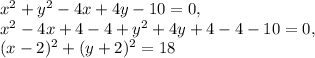 x^2 + y^2-4x + 4y- 10 = 0, \\ x^2 -4x+4-4+ y^2 + 4y+4-4- 10 = 0, \\ (x-2)^2+(y+2)^2=18