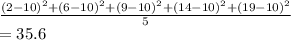 \frac{(2-10)^2+(6-10)^2+(9-10)^2+(14-10)^2+(19-10)^2}{5}\\=35.6