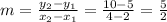 m=\frac{y_2-y_1}{x_2-x_1}=\frac{10-5}{4-2}=\frac{5}{2}