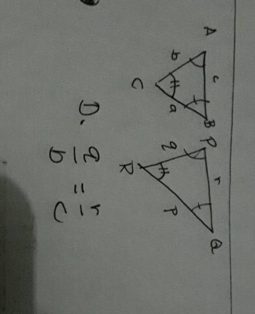 Triangle abc is similar to triangle pqr, as shown below:  two similar triangles abc and pqr are show
