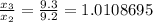 \frac{x_3}{x_2}=\frac{9.3}{9.2}=1.0108695