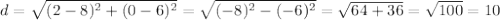 d=\sqrt{(2-8)^2+(0-6)^2}=\sqrt{(-8)^2-(-6)^2}=\sqrt{64+36}=\sqrt{100}=10