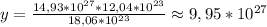 y=\frac{14,93*10^{27}*12,04*10^{23}}{18,06*10^{23}}\approx9,95*10^{27}
