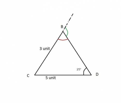 In △bcd, d = 3, b = 5, and m∠d = 25°. what are the possible approximate measures of angle b?   a. on