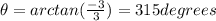 \theta=arctan(\frac{-3}{3})=315degrees