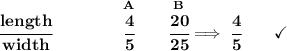 \bf \cfrac{length}{width}\qquad \qquad \stackrel{A}{\cfrac{4}{5}}\qquad \stackrel{B}{\cfrac{20}{25}}\implies \cfrac{4}{5}\qquad \checkmark
