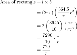 \begin{aligned}\text{Area of rectangle}&=l\times b\\&=(2\pi r)\left(\dfrac{364.5}\pi {r^{2}}\right)\\&=2\left(\dfrac{3645}{10}\right)\left(\dfrac{\pi r}{\pi r^{2}}\right)\\&=\dfrac{7290}{10}\cdot \dfrac{1}{r}\\&=\dfrac{729}{r}\end{aligned}