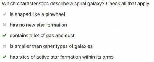 Which characteristics describe a spiral galaxy?  check all that apply.  is shaped like a pinwheel  h