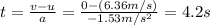 t=\frac{v-u}{a}=\frac{0-(6.36 m/s)}{-1.53 m/s^2}=4.2 s