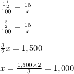 \frac{1 \frac{1}{2}}{100} = \frac{15}{x}  \\  \\  \frac{ \frac{3}{2} }{100} =\frac{15}{x} \\  \\ \frac{3}{2}x=1,500 \\  \\ x= \frac{1,500\times2}{3} =1,000