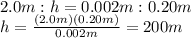 2.0 m : h= 0.002 m : 0.20 m\\h=\frac{(2.0 m)(0.20 m)}{0.002 m}=200 m