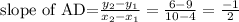 \text{slope of AD=}\frac{y_2-y_1}{x_2-x_1}=\frac{6-9}{10-4}=\frac{-1}{2}