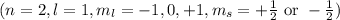 (n=2,l=1,m_l=-1,0,+1,m_s=+\frac{1}{2}\text{ or }-\frac{1}{2})
