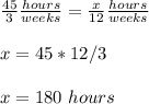 \frac{45}{3}\frac{hours}{weeks} =\frac{x}{12}\frac{hours}{weeks}\\ \\ x=45*12/3\\ \\x=180\ hours