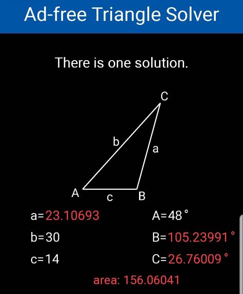 Find the area of the triangle with the given measurements. a = 48°, b = 30 ft, c = 14 ft