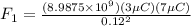 F_1 = \frac{(8.9875 \times 10^9)(3\mu C)(7\mu C)}{0.12^2}
