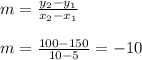 m=\frac{y_2-y_1}{x_2-x_1}\\\\m=\frac{100-150}{10-5}=-10