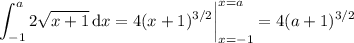 \displaystyle\int_{-1}^a2\sqrt{x+1}\,\mathrm dx=4(x+1)^{3/2}\bigg|_{x=-1}^{x=a}=4(a+1)^{3/2}