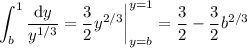 \displaystyle\int_b^1\frac{\mathrm dy}{y^{1/3}}=\frac32y^{2/3}\bigg|_{y=b}^{y=1}=\frac32-\frac32b^{2/3}
