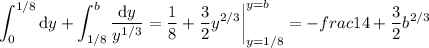 \displaystyle\int_0^{1/8}\mathrm dy+\int_{1/8}^b\frac{\mathrm dy}{y^{1/3}}=\frac18+\frac32y^{2/3}\bigg|_{y=1/8}^{y=b}=-frac14+\frac32b^{2/3}