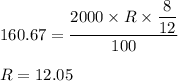 160.67=\dfrac{2000\times R \times \dfrac{8}{12}}{100}\\\\R=12.05%