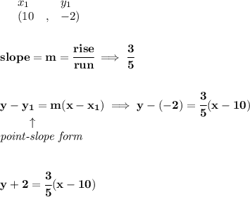 \bf \begin{array}{lllll}&#10;&x_1&y_1\\&#10;%   (a,b)&#10;&({{ 10}}\quad ,&{{ -2}})\quad &#10;%   (c,d)&#10;&#10;\end{array}&#10;\\\\\\&#10;% slope  = m&#10;slope = {{ m}}= \cfrac{rise}{run} \implies \cfrac{3}{5}&#10;\\\\\\&#10;% point-slope intercept&#10;y-{{ y_1}}={{ m}}(x-{{ x_1}})\implies y-(-2)=\cfrac{3}{5}(x-10)\\&#10;\left. \qquad   \right. \uparrow\\&#10;\textit{point-slope form}&#10;\\\\\\&#10;y+2=\cfrac{3}{5}(x-10)