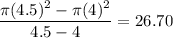 \displaystyle\frac{\pi (4.5)^2- \pi (4)^2}{4.5-4} =26.70