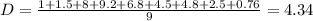 D = \frac{1+ 1.5 +8+ 9.2+ 6.8+ 4.5 +4.8+ 2.5 +0.76}{9} =4.34