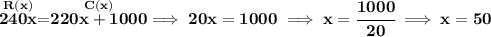 \bf \stackrel{R(x)}{240x}=\stackrel{C(x)}{220x+1000}\implies 20x=1000\implies x=\cfrac{1000}{20}\implies x=50