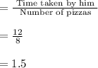 =\frac{\text{ Time taken by him }}{\text{ Number of pizzas }}\\\\=\frac{12}{8}\\\\=1.5
