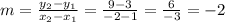 m = \frac{y_2-y_1}{x_2-x_1} =\frac{9-3}{-2-1}=\frac{6}{-3}=-2