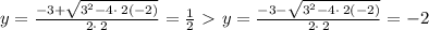 y=\frac{-3+\sqrt{3^2-4\cdot \:2\left(-2\right)}}{2\cdot \:2}=\frac{1}{2} \ \textgreater \  y=\frac{-3-\sqrt{3^2-4\cdot \:2\left(-2\right)}}{2\cdot \:2}=-2