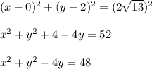 (x-0)^2+(y-2)^2=(2\sqrt{13})^2\\\\x^2+y^2+4-4y=52\\\\x^2+y^2-4y=48