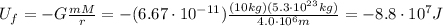 U_f=-G\frac{mM}{r}=-(6.67\cdot 10^{-11})\frac{(10 kg)(5.3\cdot 10^{23}kg)}{4.0\cdot 10^6 m}=-8.8\cdot 10^7 J