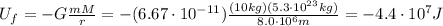 U_f=-G\frac{mM}{r}=-(6.67\cdot 10^{-11})\frac{(10 kg)(5.3\cdot 10^{23}kg)}{8.0\cdot 10^6 m}=-4.4\cdot 10^7 J