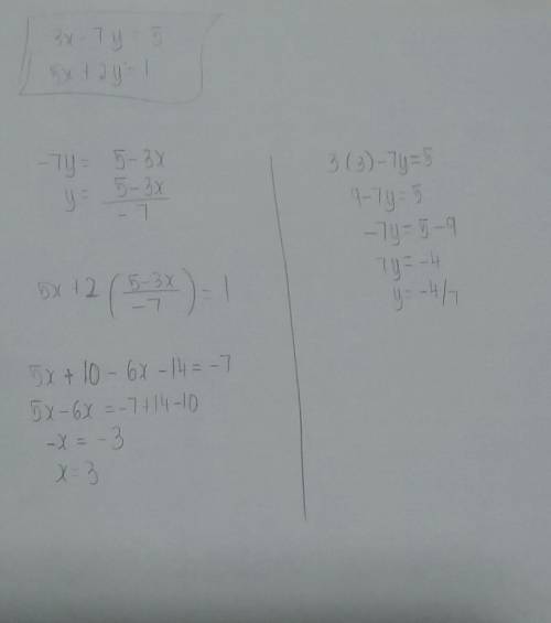 The solution to the system of equations 3x−7y=5 and 5x+2y=1