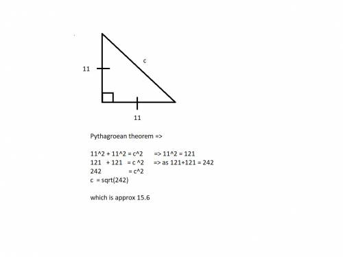 The legs of an isosceles right triangle are 11cm. long.find the length of the hypotenuse