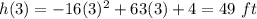 h(3)=-16(3)^{2} +63(3)+4=49\ ft
