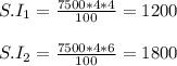 S.I_{1}=\frac{7500 *4*4}{100}=1200\\\\ S.I_{2}=\frac{7500 *4*6}{100}=1800
