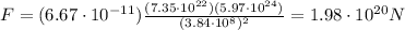 F=(6.67\cdot 10^{-11}) \frac{(7.35\cdot 10^{22})(5.97\cdot 10^{24})}{(3.84\cdot 10^8)^2}=1.98\cdot 10^{20}N