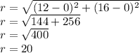 r = \sqrt{(12-0)^2 + (16-0)^2}\\r = \sqrt{144 + 256}\\r = \sqrt{400}\\r = 20
