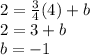 2=\frac{3}{4}(4)+b\\  2=3+b\\ b=-1