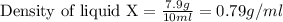 \text{Density of liquid X}=\frac{7.9g}{10ml}=0.79g/ml