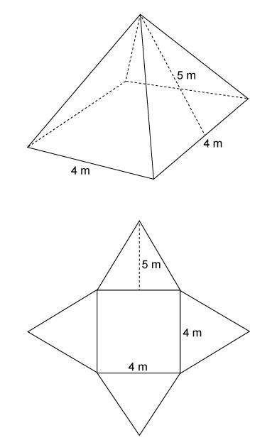 Amonument at a park is in the shape of a right square pyramid. a diagram of the pyramid and its net